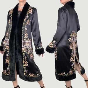 Sue Wong silk satin embroidered floral jacket coat faux fur trim cocktail M
